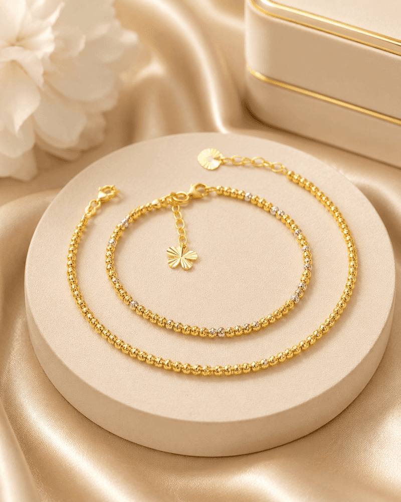 Lắc Tay Vàng Bi Song Sắc Charm Cỏ Bốn Lá – Cát Diệp — Vàng tây 10K