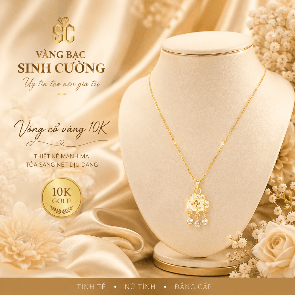 Vòng Cổ Vàng 10K Hoa Ngọc Đính Đá — Vàng tây 10K