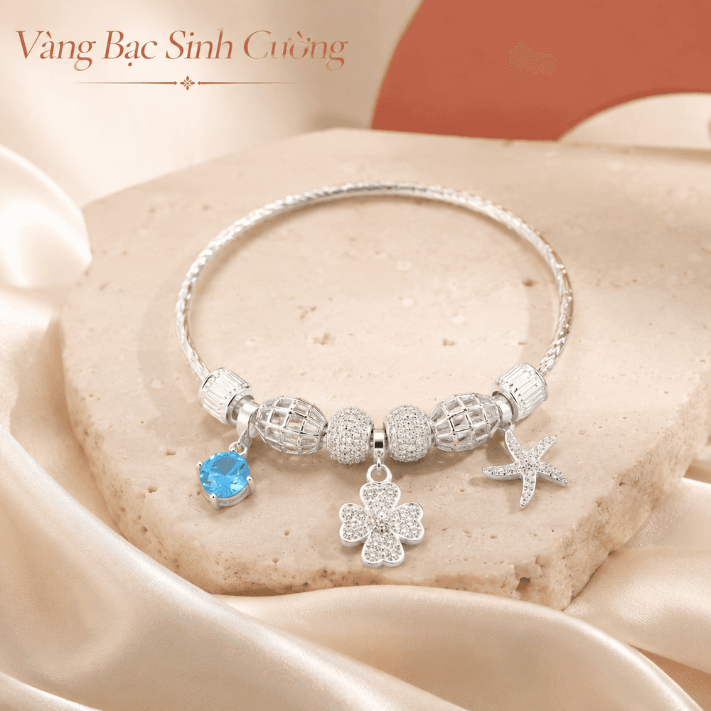 Vòng Tay Bạc 925 Charm Cỏ Bốn Lá – Sao Biển & Đá Xanh Ocean Grace — Bạc