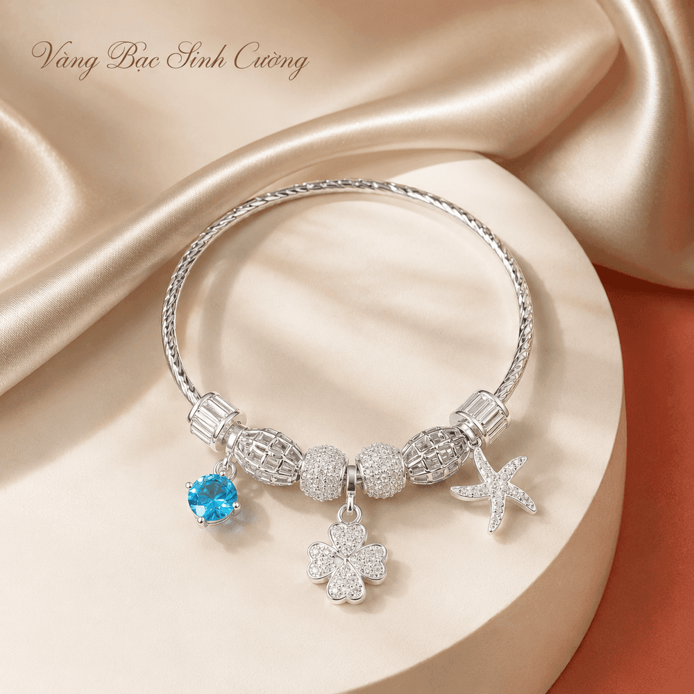 Vòng Tay Bạc 925 Charm Cỏ Bốn Lá Đá Xanh – Azure Clover — Bạc