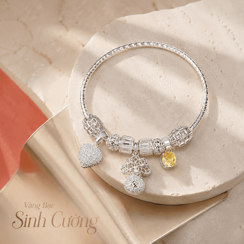 Vòng Tay Bạc 925 Charm Trái Tim & Đá Vàng – Golden Heart Bloom — Bạc