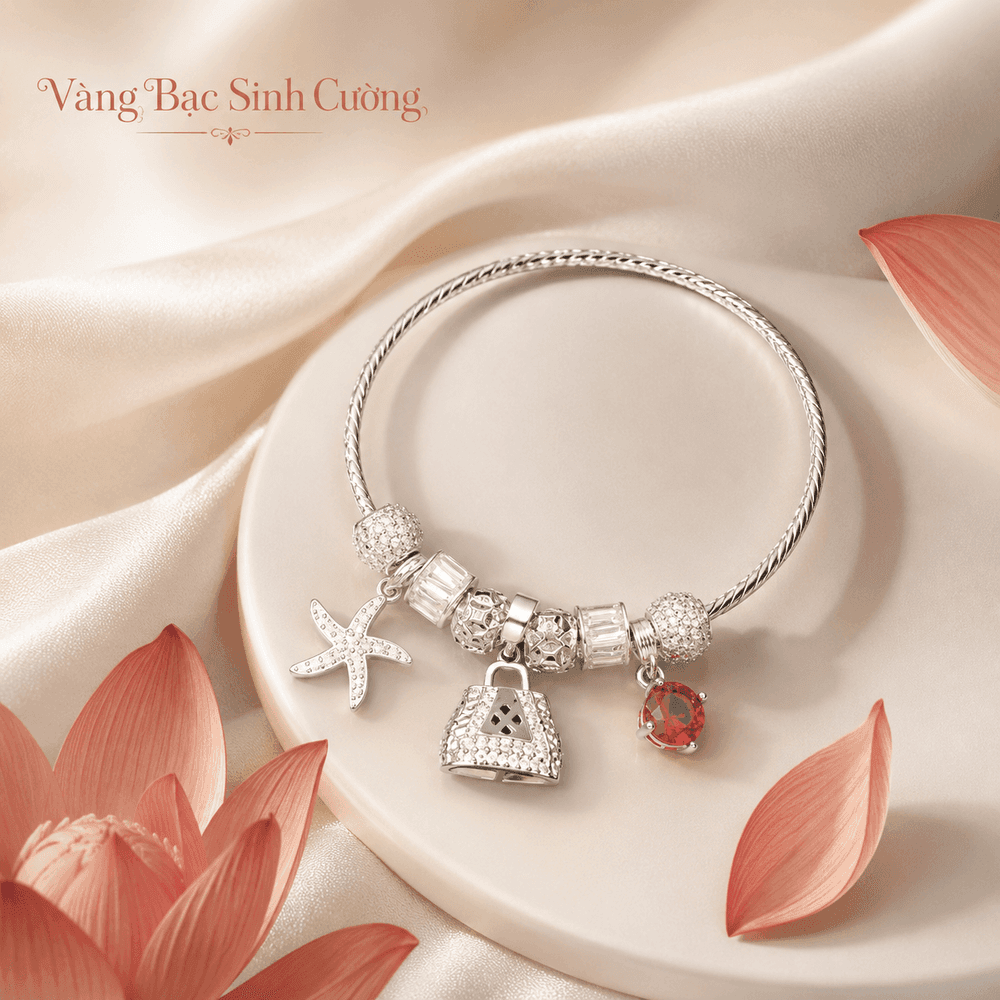 Vòng Tay Bạc 925 Charm Túi Xách, Sao Biển & Đá Đỏ – Scarlet Star — Bạc