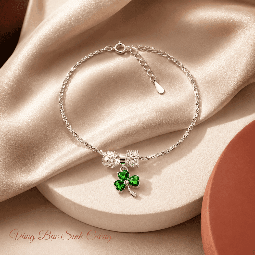 Vòng Tay Bạc 925 Charm Cỏ Bốn Lá Xanh – Emerald Clover — Bạc
