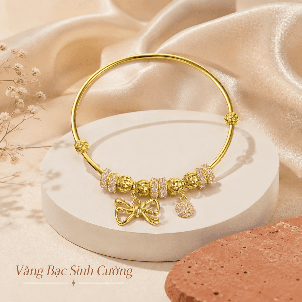 Vòng Tay Vàng 10K Charm Nơ & Đá Lấp Lánh – Golden Bow — Vàng tây 10K