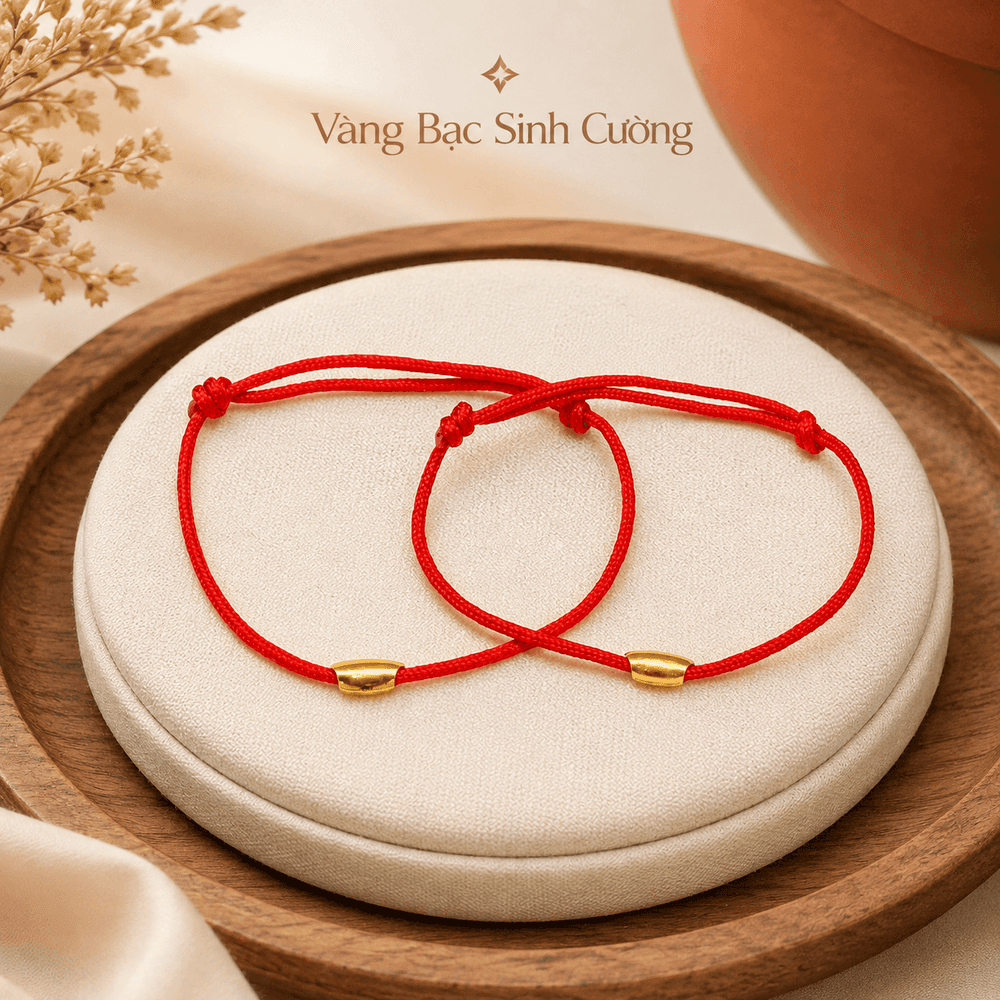 Vòng Tay Chỉ Đỏ Vàng 10K Charm Trụ – Lucky Red — Vàng tây 10K