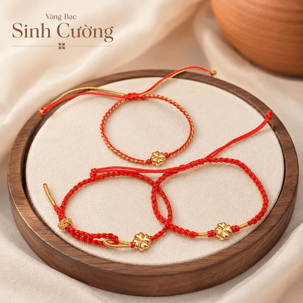 Vòng Tay Chỉ Đỏ Vàng 10K Charm Cỏ Bốn Lá – Lucky Clover — Vàng tây 10K