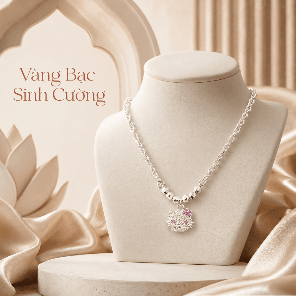 Vòng Cổ Bạc 925 Kitty Hồng Ngọt Ngào — Bạc
