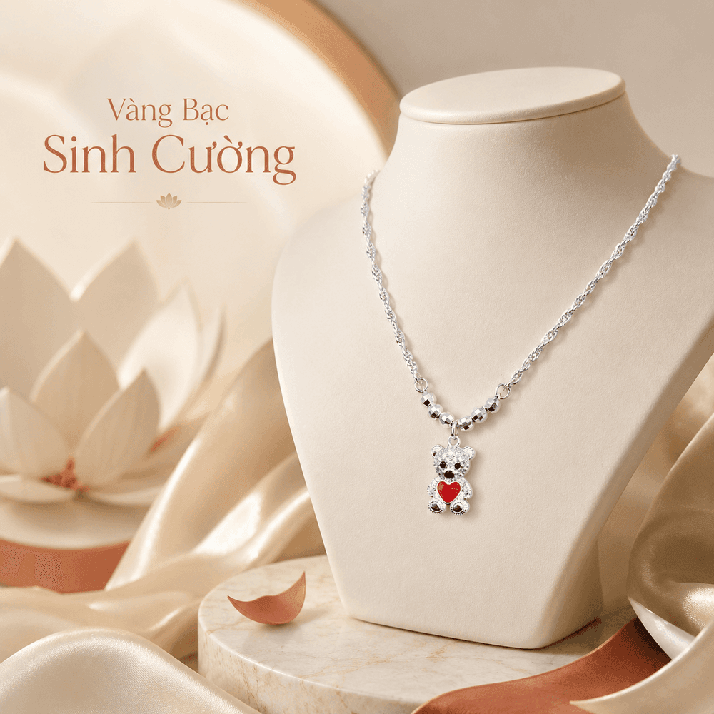 Vòng Cổ Bạc 925 Gấu Yêu Trái Tim Đỏ — Bạc